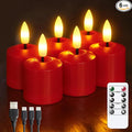 Rechargeable Small Flameless Tea Light Candles with Remote Function, LED Votive 2/4/6/8 Hours Timer Red 1.5" x2.5" Mini Plastic Set of 6 Tealight (Charging Cable Included)