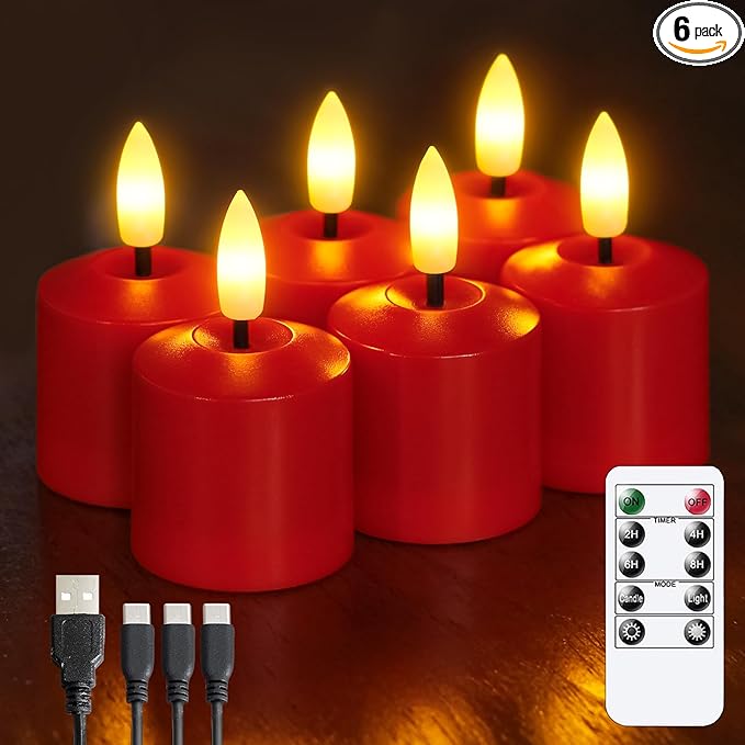 Rechargeable Small Flameless Tea Light Candles with Remote Function, LED Votive 2/4/6/8 Hours Timer Red 1.5" x2.5" Mini Plastic Set of 6 Tealight (Charging Cable Included)
