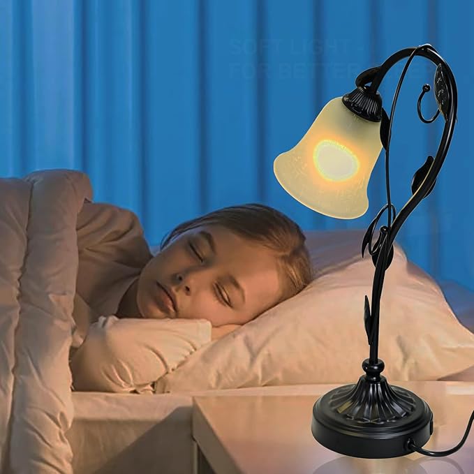 Touch Table Lamps, Flower Vintage Nightstand Lamp, Rustic Reading Bedside Light, Dimmable Farmhouse Stained Glass Lamp with USB for Bedroom Living Room, E26