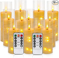Flickering Flameless Candles Battery Operated with Remote, LED Pillar Candles with Realistic Moving Wick for Halloween, Christmas, Home Decor Pack of 12 (D2.2 x H 5" 6" 7") Ivory