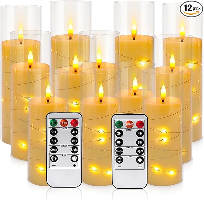 Flickering Flameless Candles Battery Operated with Remote, LED Pillar Candles with Realistic Moving Wick for Halloween, Christmas, Home Decor Pack of 12 (D2.2 x H 5" 6" 7") Ivory
