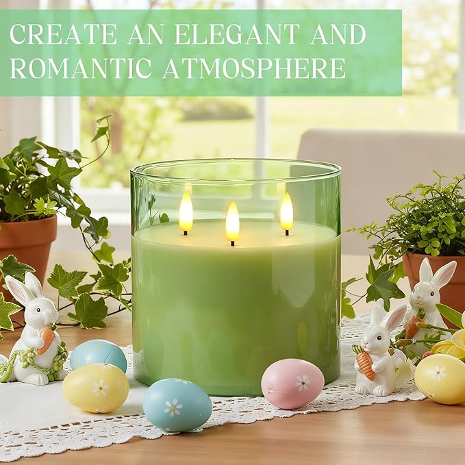 Retisee 6'' x 6'' Extra Large Flameless Candles, 3 Wick Glass Large Candles with Remote Control and Timer Function, Real Wax LED Pillar Flickering for St. Patrick's Spring Party Decor(Green,1 Pcs)