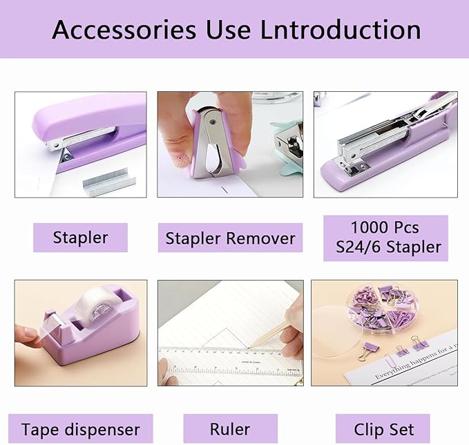 suniya Office Supplies,Desk Accessories,Tape Holder,Stapler,Scissor,Staple Remover,Box of Binder Clips,Staples,Ballpoint Pen,Sticky Notes,Clear Tape,Ruler,Office Supplies Set Purple