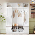 Modern 55‘’ Wide Hall Tree with 6 Hooks, Wood Brown Grain Minimalist Shoe Cabinet with Adjustable Shelves, Versatile Entryway Coat Rack for Living Room Hallway (White-11A)