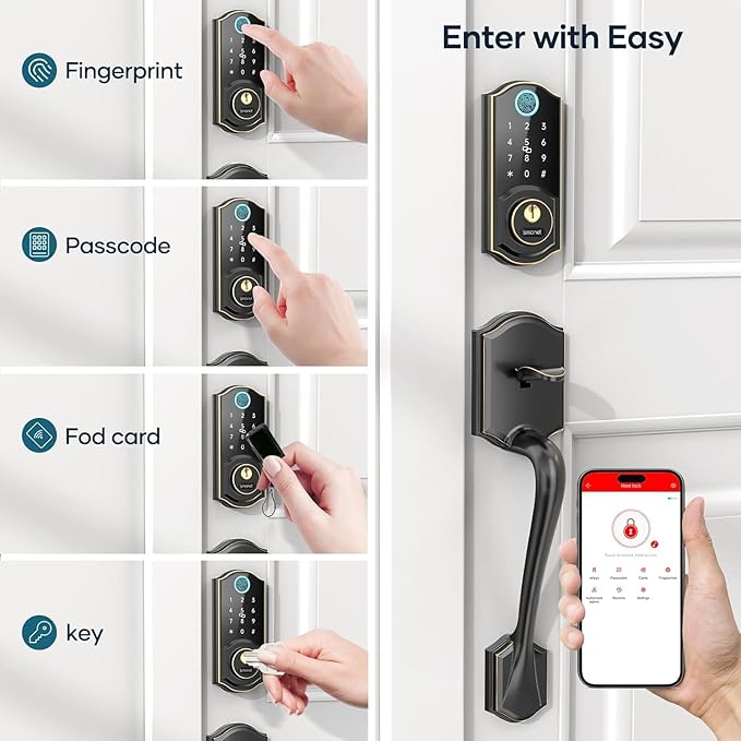 Smart Door Lock with Handle Set: SMONET Front Door Lock Set Keyless Entry, Fingerprint Keypad Bluetooth Alexa Deadbolt Lockset Suitables for Rental Management and Smart Home Residents