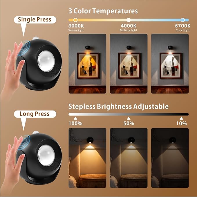 Motion Sensor Wall Light，350° Rotatable Brightness Adjustable Wireless Wall Light, 3 Color Modes Rechargeable Battery Operated Wall Lights for Bedroom, Hallway, Stairs, Closet, Bathroom