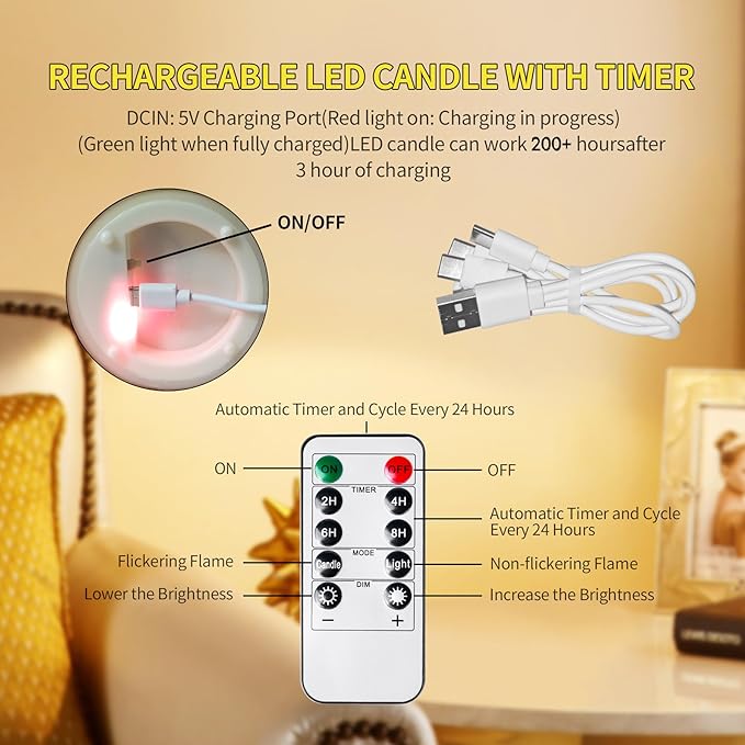 200 Hours Rechargeable Flickering Flameless Candles, Rechargeable Battery LED Glass Pillar Candle with Remote and Timer, Real Wax Warm Color for Home Living Room Decor, Ideal Gift for Women