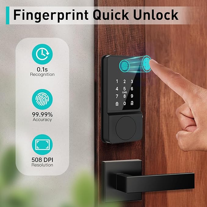 Smart Door Lock Set Keyless Entry Fingerprint Touchscreen Keypad APP IC Card Key Type-C Charging Unlocking with 2 Handles 6 in 1 Electric Biometric Digital Deadbolt for Front Doors Apartment
