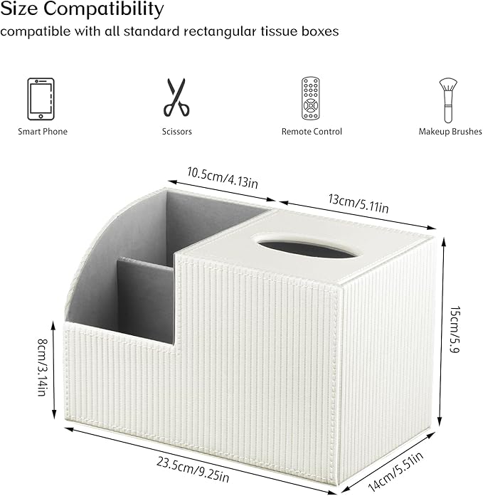 Fanousy Square Tissue Box Cover with Storage, PU Leather Cube Tissue Box Holder, Remote Control Nightstand Organizer, Modern Desk Caddy for End Table, Bathroom, Bedroom, Home, Office Decor