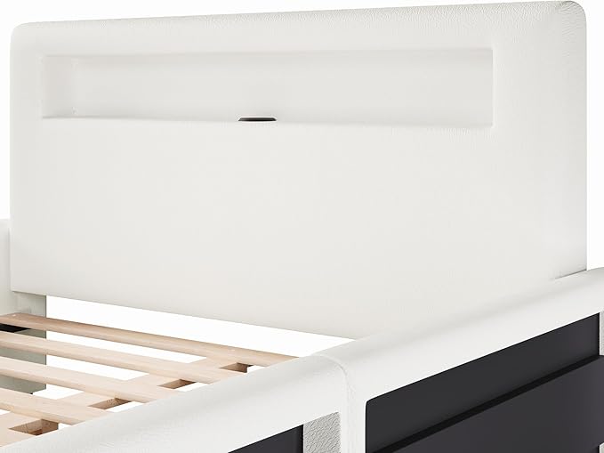 MERITLINE Full Size Upholstered Platform Bed with Drawer, App-Controlled RGB LED Light Strip & USB Port, PU Fabric Storage Bed (White) | LED light, Storage Drawer