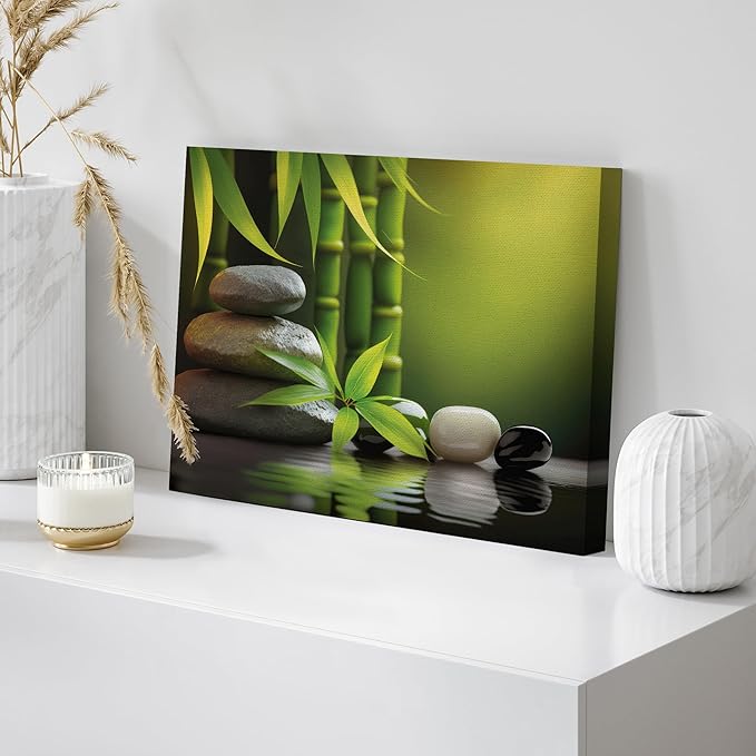 wall26 Canvas Print Wall Art Massage Stone Bamboo Leaf Nature Wilderness Photography Realism Modern Art Decorative Multicolor Rustic Minimal Relax/Calm/Cozy Colorful for Bedroom - 16"x24"