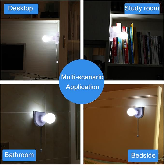 2 Pack Battery Operated Light Bulb, Stick-Up Battery Powered Wireless LED Closet Light Bulb, Self Adhesive Wall Mounted Light Fixture with Pull Chain for Cabinet Bedroom Living Room Kitchen