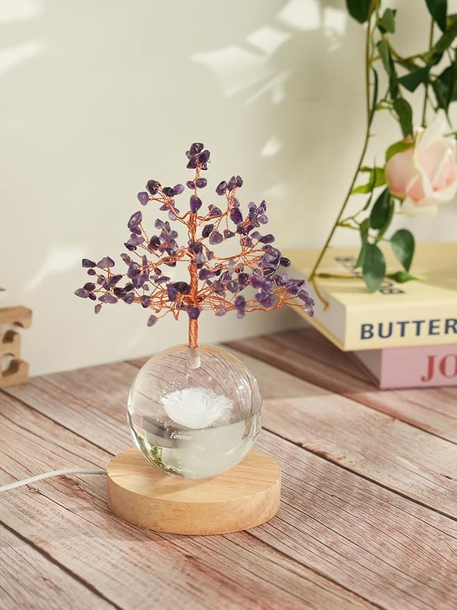 Amethyst Crystal Tree of Life for Positive Energy, Chakra Healing Tree with Remote Control Multicolor Night Light for Home, Office, Desk Decor, Purple Gift for Women, Girls (Rose)