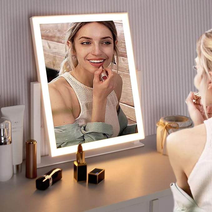 Lighted Makeup Mirror, Hollywood Vanity Mirror with Lights, Three Color Lighting Modes, Smart Touch Control, Rotation, Desk Makeup Mirror for Desks Bedroom Dorm Dressing Room (9.48"x11.81")