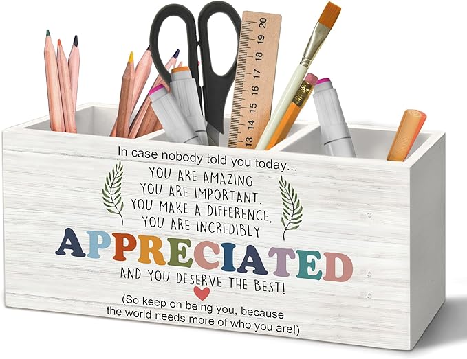 Inspirational Pen Holder Organizer for Desk Accessories, Teacher Appreciation Gifts, You Are Amazing Motivational Quote Wooden Box Sign Desk Decorations for School Office Tabletop Decor