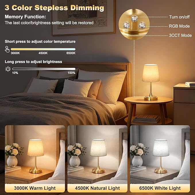 Small Cordless Table Lamp Rechargeable,5000mAh Battery Operated Desk Lamp,3 Colors & 7 RGB Stepless Dimmable,Touch Ambient Light for Bedside,Bedroom,Dining Room,Living Room,Gold,FlaxenShade