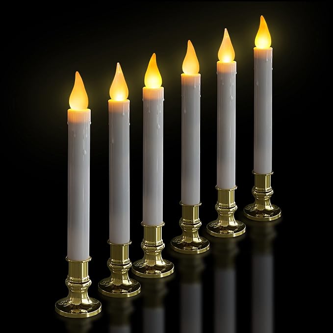 FURORA LIGHTING LED White Taper Candles with Gold Holders Pack of 6 with 5/19 Timer, Elegant Flameless Glow for Home Décor, Batteries Included