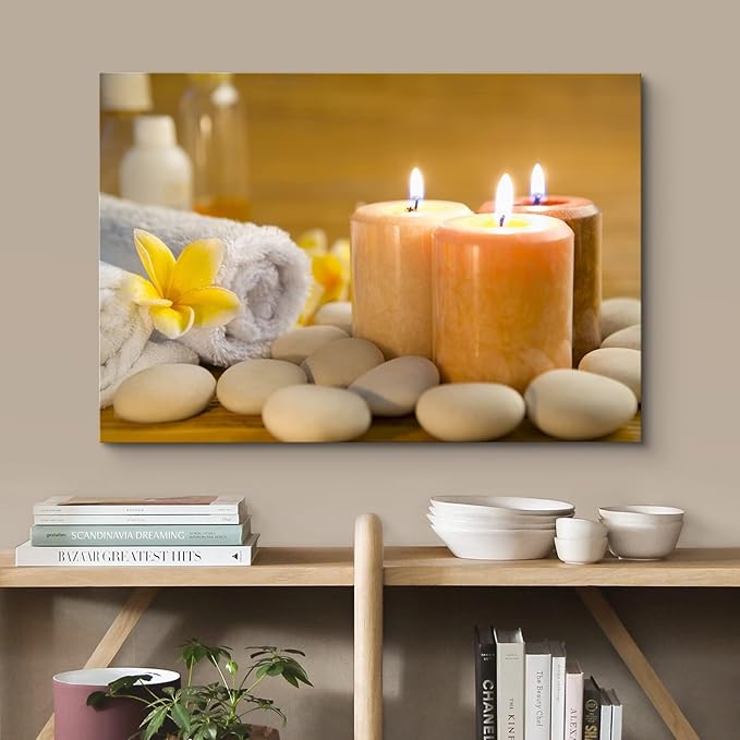 wall26 Canvas Print Wall Art Lit Spa Candle Trio with Stones & Yellow Blossoms Nature Wilderness Photography Realism Chic Scenic Relax/Calm Multicolor for Living Room, Bedroom, Office - 24"x36"
