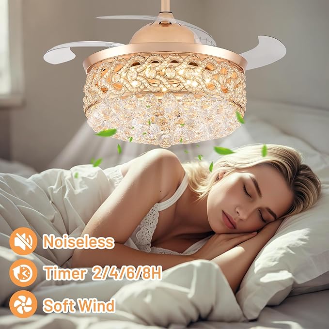 48 Inch Chandelier Crystal Ceiling Fan with Light Remote Dimmable Fandelier Color Change 6 Speed Retractable Blades Ceiling Fan Light for Bedroom Indoor Living Room Black