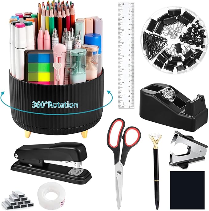 suniya Office Supplies,Desk Accessories,with Stapler,Tape Dispenser,Staple Remover,Scissor,Ballpoint Pen,Sticky Notes,Clear Tape,Staples,Desk Organizer,Ruler,Binder,Best Gift Set(Black)