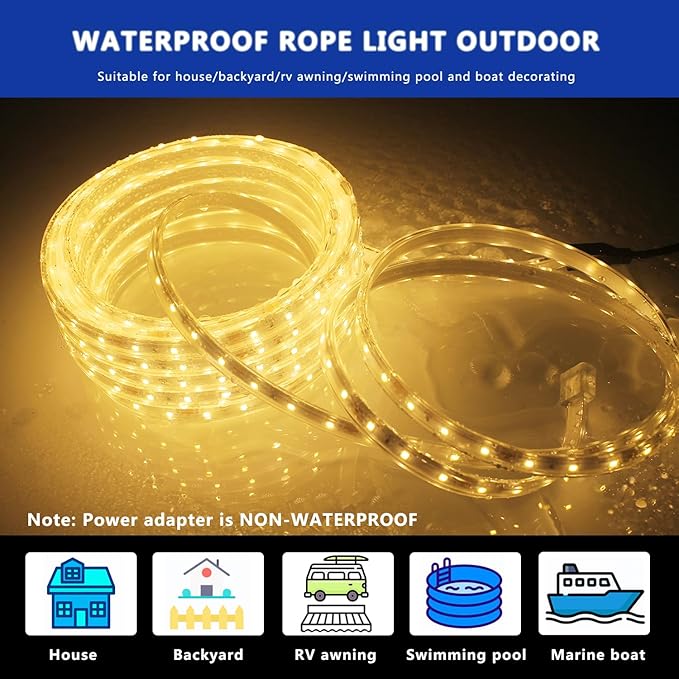 33ft Flat Rope Light Outdoor Warm White, 12V Dimmable LED Strip, 600 LEDs Flexible Waterproof Lighting for Outside House, Camping, Porch – Not Tube Light, Single Run Only