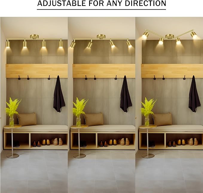 BoostArea Gold LED 4 Light Track Lighting Kit, 4 Way Ceiling Spot Lighting, Flexibly Rotatable Light Head for Kitchen, Living Room, Bedroom, Bulb Not Included