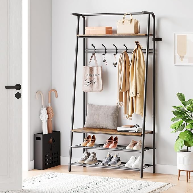 OUTLANE Entryway Hall Tree with 5 Hooks, Shoe Bench & Storage Shelf, Coat Rack Organizer with Wood Accents and Metal Frame for Entryway, Living Room, Bedroom, Rustic Brown-Single row