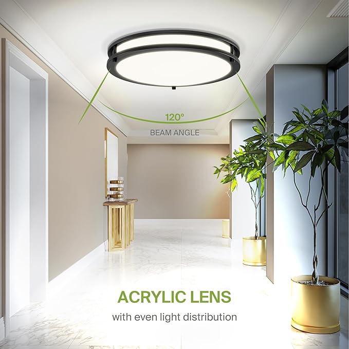 ASD LED 14" Round Flush Mount Lighting, Close to Ceiling Light Fixture | 3CCT, Dimmable, Energy Star, ETL Listed | 21W 1675LM 3000-5000K 120V | Low Profile Double Ring Lamp | Black
