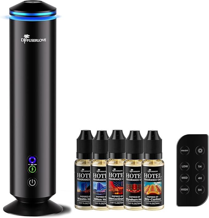 Diffuserlove Full Metal Body Waterless Scent Diffuser with 5 Hotel Scent Oils Hotel Collection Diffuser Waterless Aromatherapy Essential Oil Diffuser UP to 1000 Sq Ft Coverage for Home Office