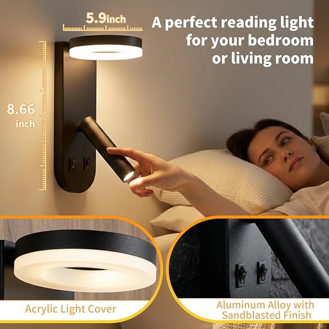 Wall Mounted Reading Lights for Bedroom - Independent Switch, 350° Adjustable Bedside Lamps Set of 2, Hardwired Installation LED Wall Sconces for Living Room, Study Room (Black, 8.65")