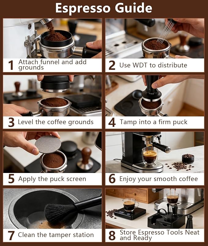 10 PCS Espresso Accessories Kit - 51mm Espresso Tools Set with WDT Tool, Espresso Tamper, Tamping Station, Coffee Distributor, Dosing Funnel, Puck Screen, Latte Art Pen,Stencils & Coffee Scale