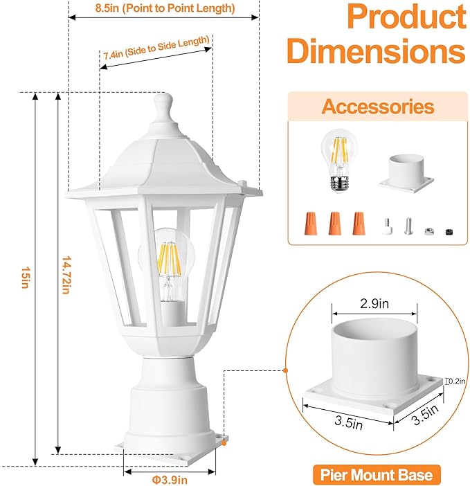 FUDESY Outdoor Post Light, Outdoor White Lamp Post Light Fixture with Pier Mount Base, Waterproof Pole Light Fixture with E26 Socket, Exterior Lamp Post Lantern for Garden Yard Patio Pathway