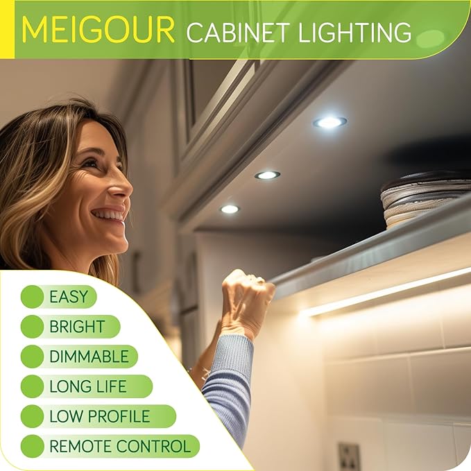 Under or Over Counter LED Lighting Kit, 120 Volt Electric Wired Kitchen Cabinet Round Puck Lights, Wireless Remote Control Dimmable, 3 Ways Octopus Wired, 3 Lights, Warm White