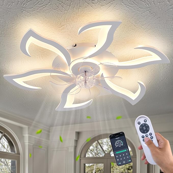 Modern Ceiling Fan with Light and Remote, Low Profile 32 Inch White Flush Mount Fandelier Ceiling Fan for Kitchen Bedroom