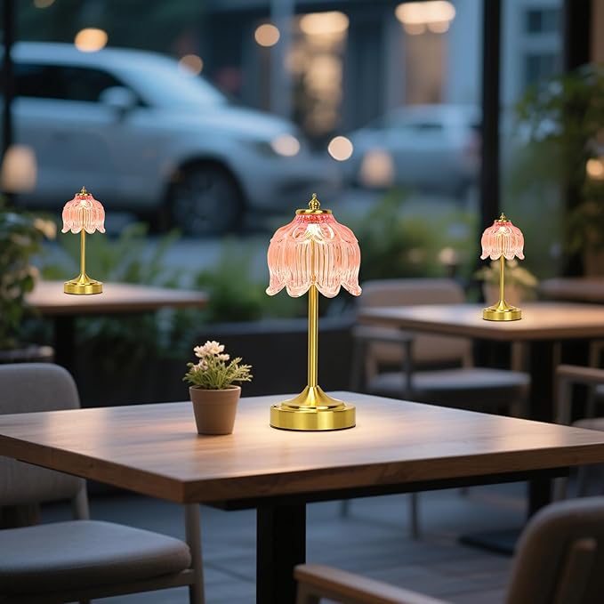 Cordless Lotus Flower Table Lamp, 5200mAh Rechargeable Battery Operated Portable Lamp, 3-Color Dimmable Touch Control Small Desk Lamp for Bedroom, Office, Kitchen, Nightstand,Room Decor (Flower Pink)
