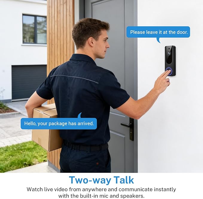 Gazing 1080P Wireless Wi-Fi Doorbell Camera for Home Safety, Night Vision, 2-Way Audio, Cloud Storage, AI Human and Motion Detection, Live View, Battery Powered, Indoor Outdoor Surveillance