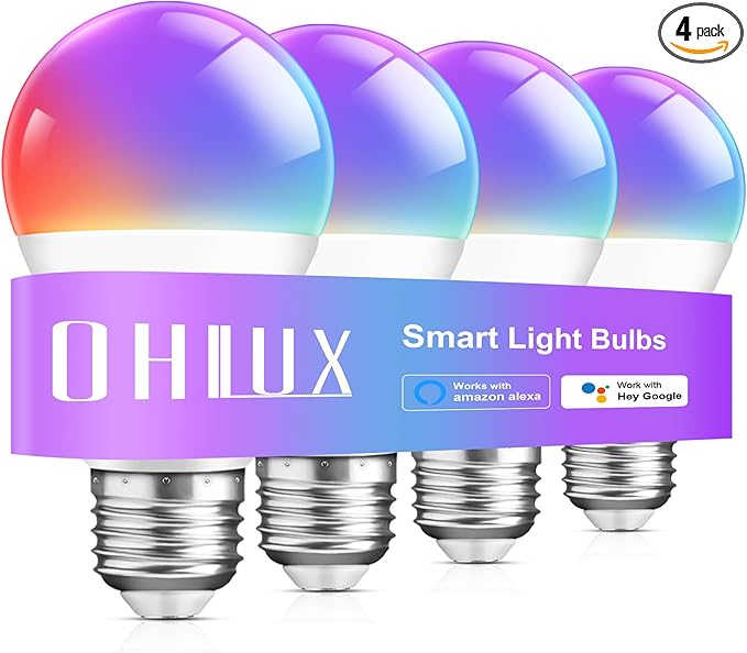 OHLUX Smart Light Bulbs, Color Changing LED Bulbs for Alexa and Google Assistant, 2.4GHz WiFi and Bluetooth with Music Sync, E26 A19, 120V, 4 Pack