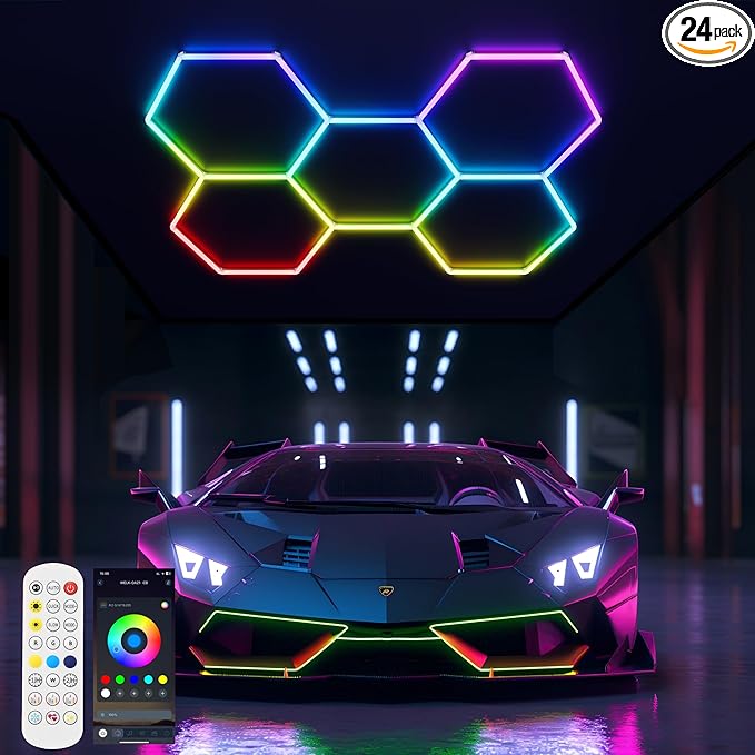 RGB Hexagon Garage Lights 240W - 356 Colors Mode w/Music Sync, 24 Pack Bright LED Honeycomb Panels for Garage, Barber, Home Theater, Game Room & Man Cave