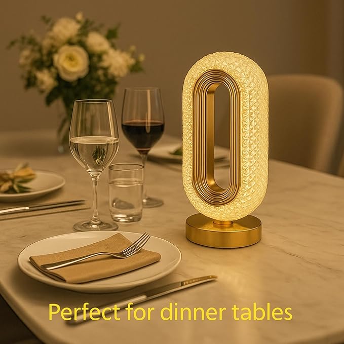 USB Rechargeable Crystal LED Lamp – Cordless Touch Control, 3 Light Modes, Gold Finish, Dimmable Bedside Nightstand, Dinner Table, Restaurant Table, Camping, Cabin, & Office and Home Décor Light
