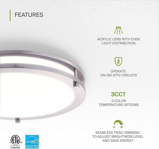 ASD LED 16" Round Flush Mount Lighting, Close to Ceiling Light Fixture | 3CCT, Dimmable, Energy Star, ETL Listed | 24W 2118LM 3000-5000K 100-277V | Low Profile Double Ring Lamp | Nickel, 4 Pack