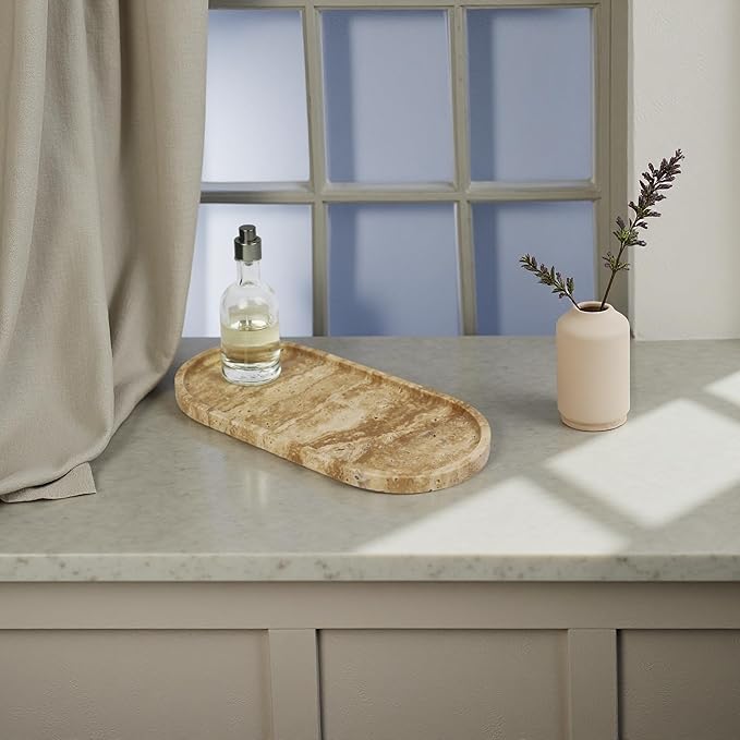 Marble Vanity Tray Organizer - 9.8"x5" Italy Natural Stone Decorative Tray，Jewelry, Perfume & Candle Display Tray，Bathroom Vanity, Dresser Top, Nightstand Decor