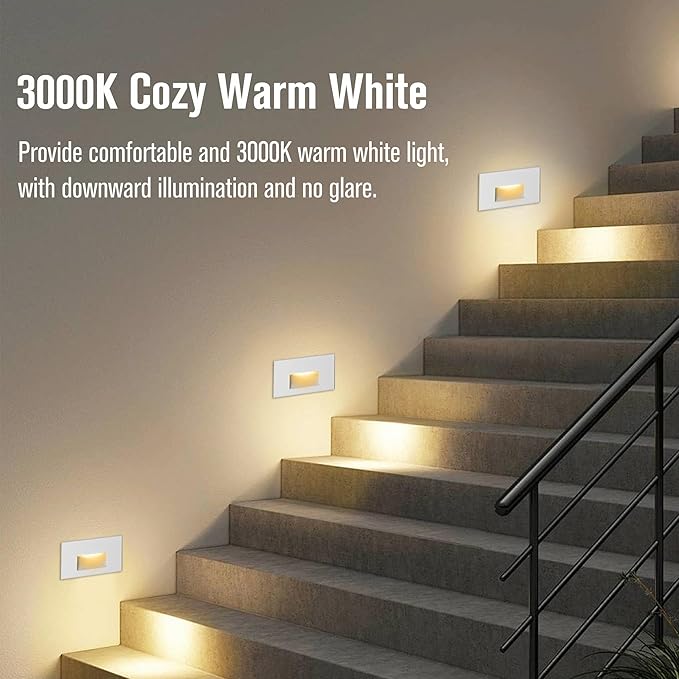 LED Outdoor Step Lights Indoor Stair 120V Dimmable, 4W 350LM 3000K Warm White, IP66 Waterproof for Steps, White Deck Horizontal, 3-Pack