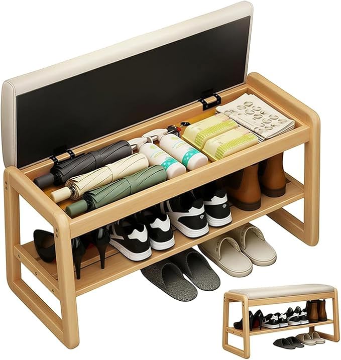Shoe Rack Bench with Flip-Top Storage, Solid Rubberwood 2-Tier Shoe Organizer with Cushion, Wooden Shoe Stand for Entryway, Mudroom, Hallway, Closet, Front Door Entrance, Foyer,31.5in