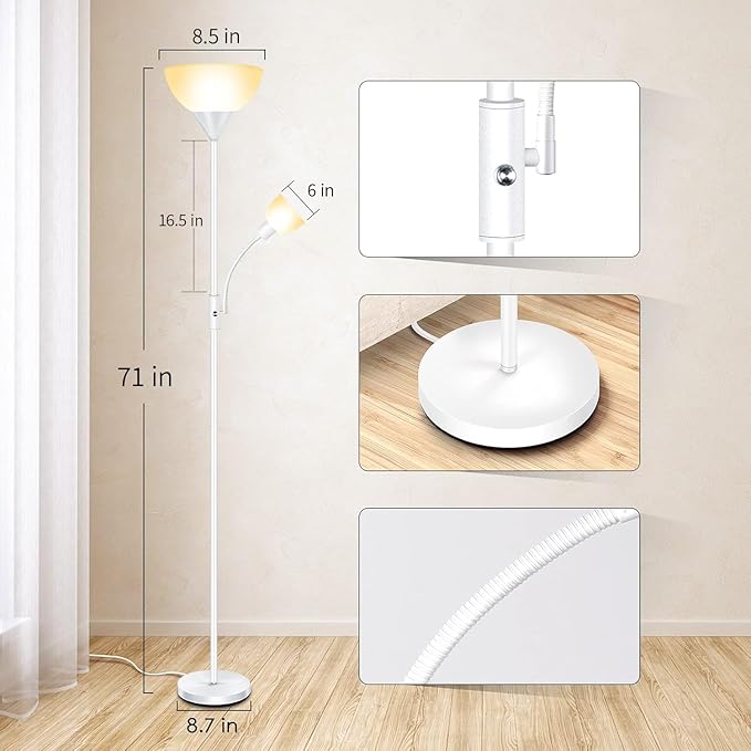 Torchiere Floor Lamps for Living Room, Standing Lamp, 71" Tall Pole Lamps with Adjustable Reading Light, 3-Way Rotary Switch, Plastic Shade, Bright Torch Corner Lamp for Bedroom, White(E26, No Bulb)