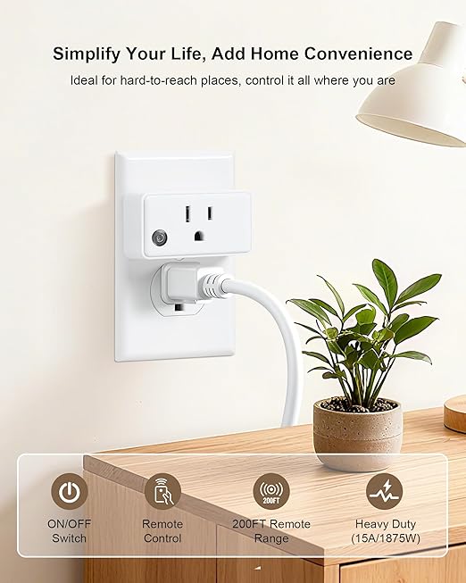 Remote Control Outlet with 2 Remotes, 200 FT Long Range Wireless Light Switch, 15A/1875W High-Power Electrical Outlet Switch for Lamps, Lights, Household Appliances, FCC & ETL Listed
