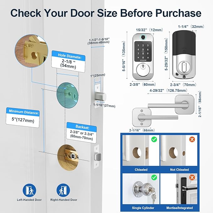 SMONET Fingerprint Smart Locks for Front Door with Handle Set, Keyless Entry, Bluetooth Digital Keypad Deadbolt, App Remote Control, Auto Lock, for Home Silver