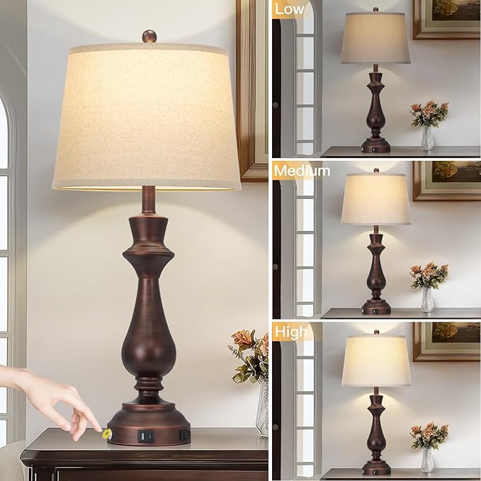 Touch Lamps for Night Stands Set of 2-29.5" Tall Bedside Lamp with USB C+A, 3 Way Dimmable Bedroom Lamps, Vintage Brown Table Lamps for Living Room
