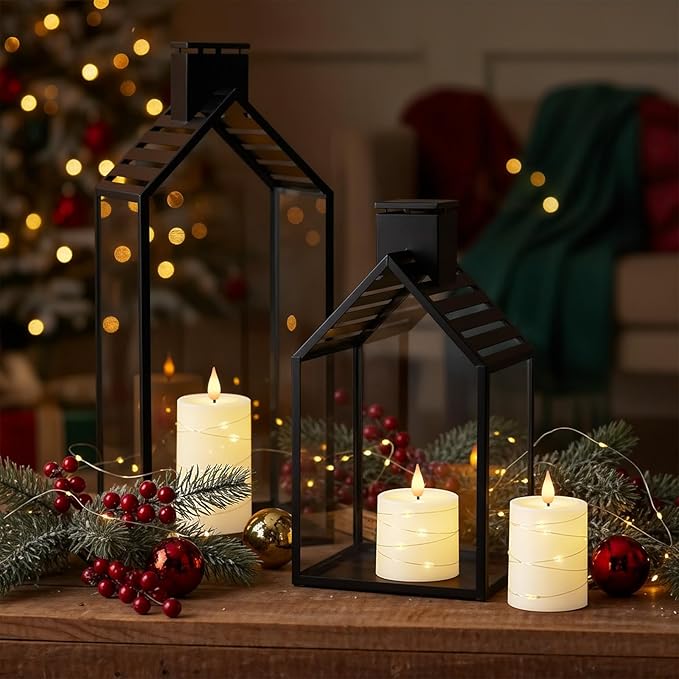 Raycare Flameless Candles with Remote Timer, Flickering Battery Operated LED Pillar Fake Candle with String Lights for Home Decor, Christmas, Wedding and Gift, Ivory, Set of 5