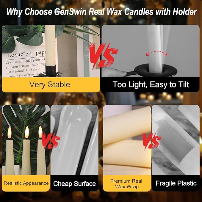 GenSwin Christmas Window Candles with Remote Timer, 3 Pcs Battery Operated Window Candles, Real Wax LED Flameless Taper Candle with Black Flameless Candlesticks for Home Decor(Ivory)