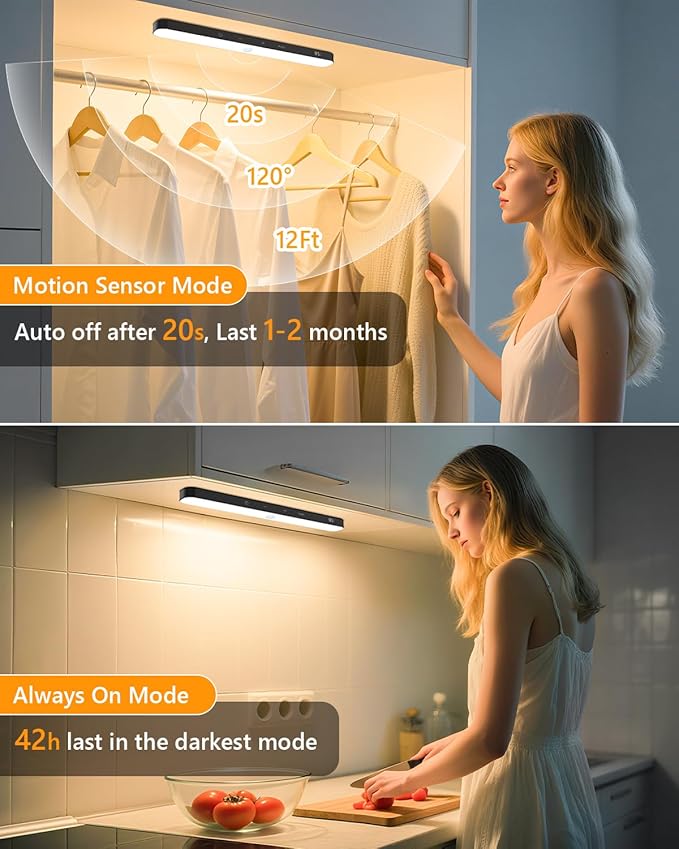 Ferswe Closet Lights Rechargeable, Battery Level Display, Dimmable Battery Powered Lights, 3000K Motion Sensor Light Indoor, 60 LED Touch Light for Kitchen, Closet, Shelf(4 Pack)